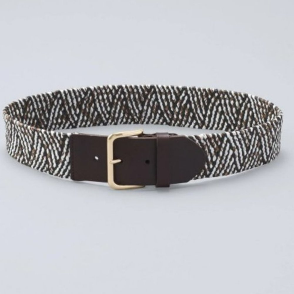 White House Black Market Brown and White Woven Belt with Gold Buckle